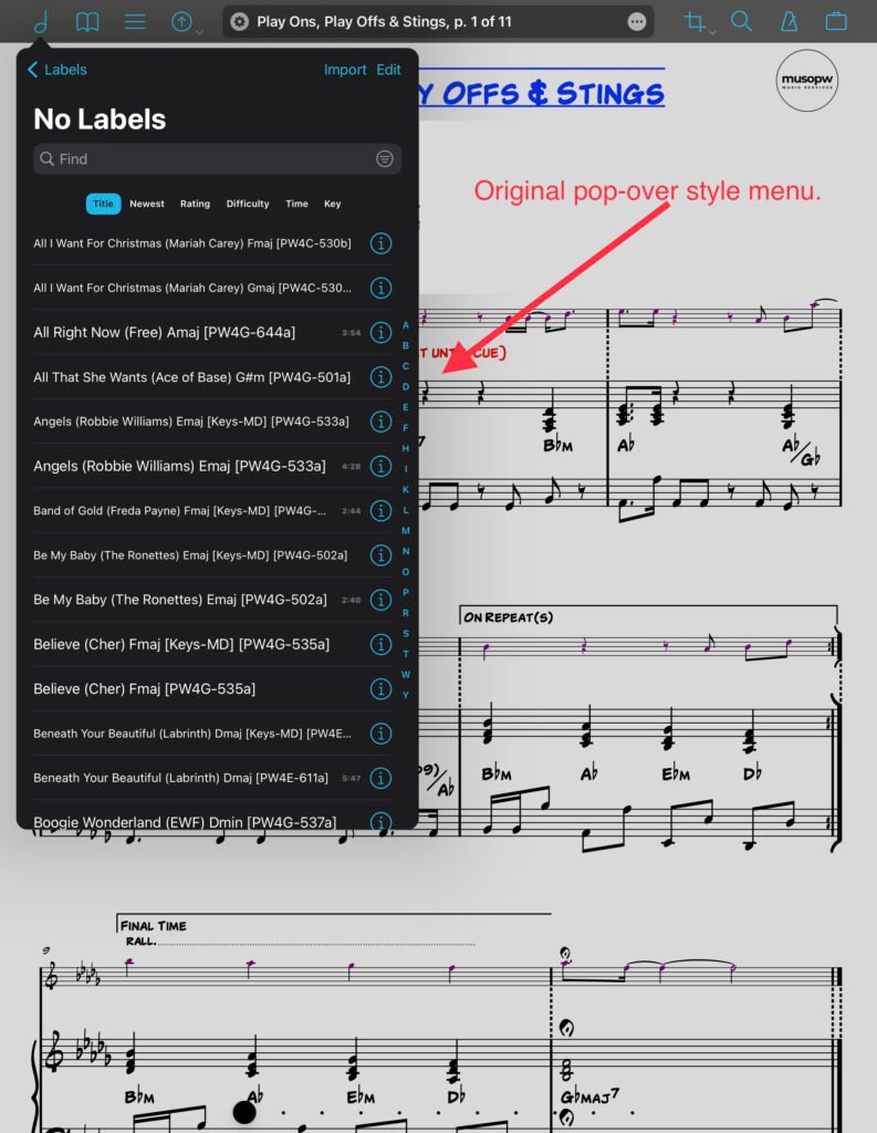 forScore Pop over style original menu