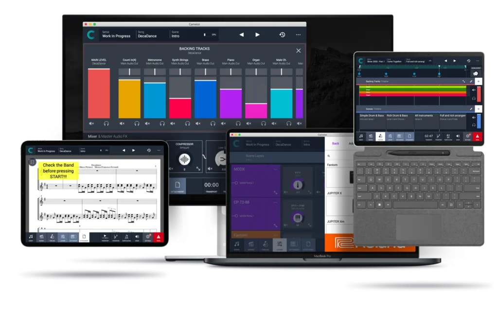 Devices on which Camelot Pro will run including Desktop (PC & Mac), iPad and portable Windows device.